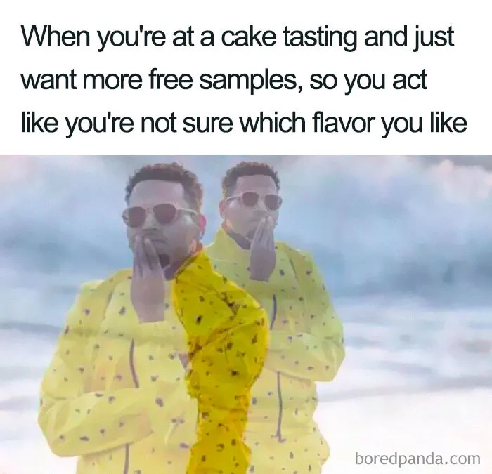 Man in a yellow jacket contemplating cake choices at a tasting, capturing the humor of wedding decisions.