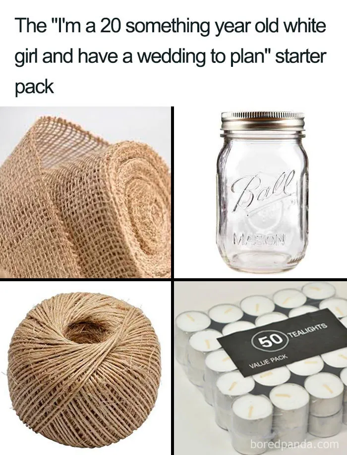 Wedding meme: burlap roll, mason jar, twine, and pack of 50 tealight candles in a collage.