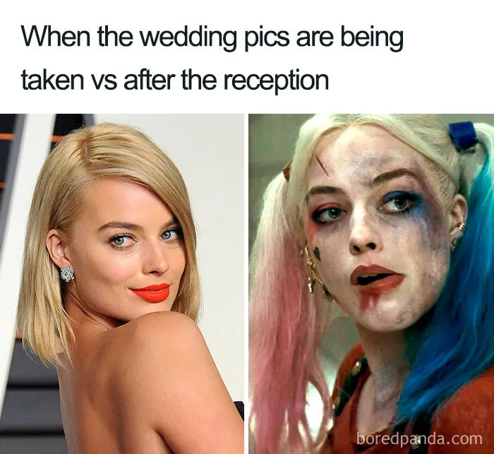 Wedding meme with contrasting images: glamorous dolled-up look and messy, humorous after-party appearance.