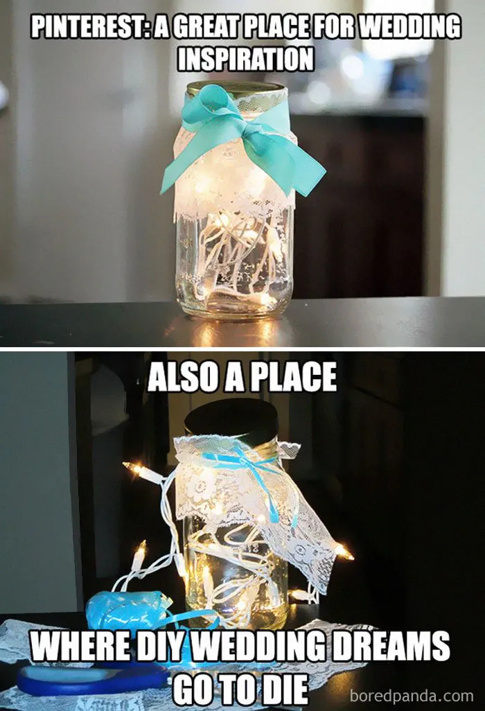 Meme of DIY wedding jar with lights; text humorously suggests DIY wedding project failure.