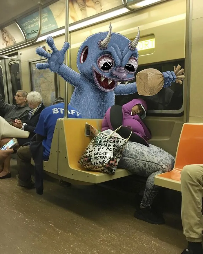 Artist Imagines 47 Mischievious Monsters Interacting With Commuters On NYC Subway