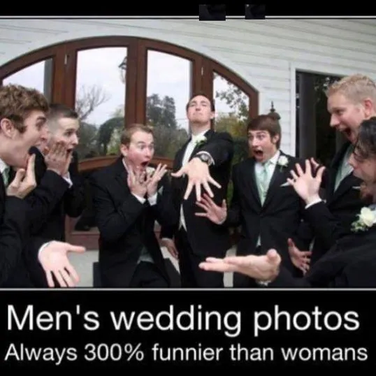 Groomsmen strike funny poses in a wedding photo, embodying hilarious meme humor.