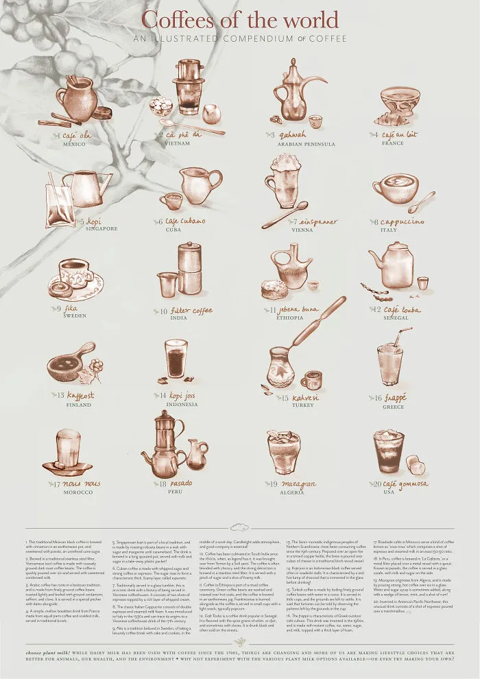 I Researched And Illustrated 20 Unique Coffee Drinks From Around The World For A Vintage-Style Poster Design