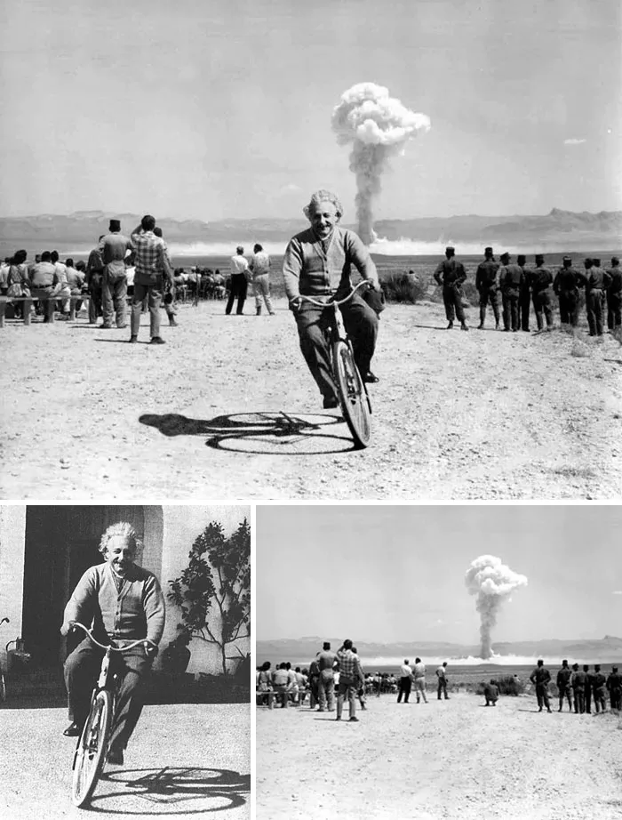 Einstein montando en bici mientras explota una Bomba A