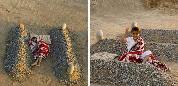 Niño durmiendo junto a la tumba de sus padres en Siria
