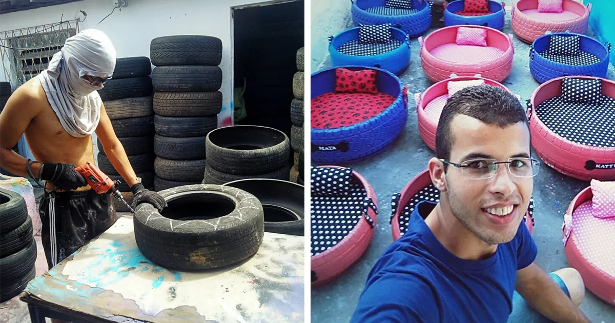 Este artista brasileño utiliza los neumáticos usados que la gente tira en la calle para crear camas para animales