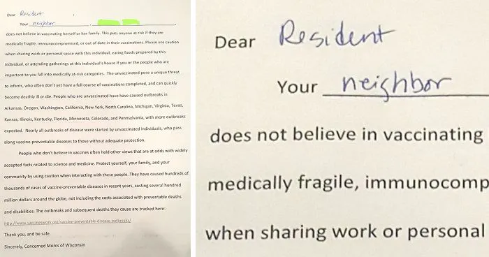 Someone Decides To Warn Their Neighbours On Anti-Vaxx Mom Living There, Writes A Letter To The Whole Neighbourhood