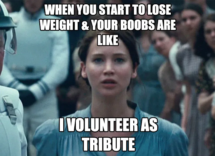 Funny weight loss meme featuring a movie scene where a character volunteers as tribute.