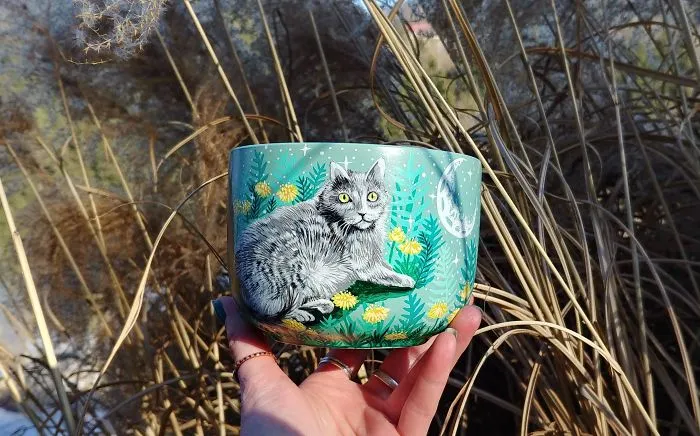 Cat In The Dandelion Meadow With Moon And Stars