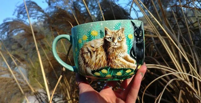 Cats In The Dandelion Meadow Painted On A Big Tea Cup