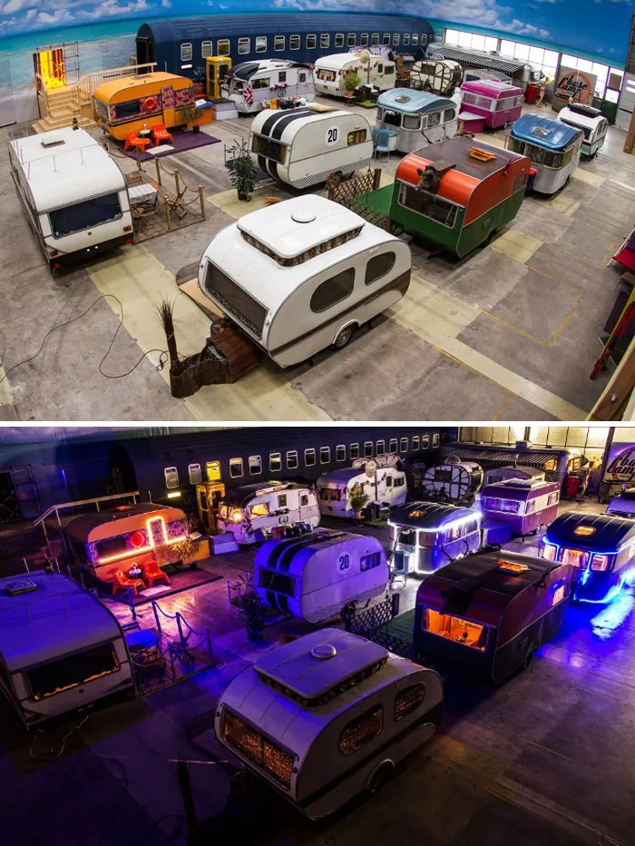 Este hostal en Alemania es un aparcamiento interior de autocaravanas antiguas
