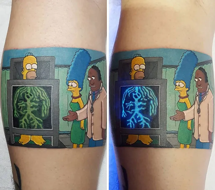 UV tattoo design of a cartoon scene featuring glowing blue x-ray effect under UV light.