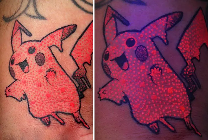 UV tattoo design of a Pikachu, showing vibrant colors under black light.