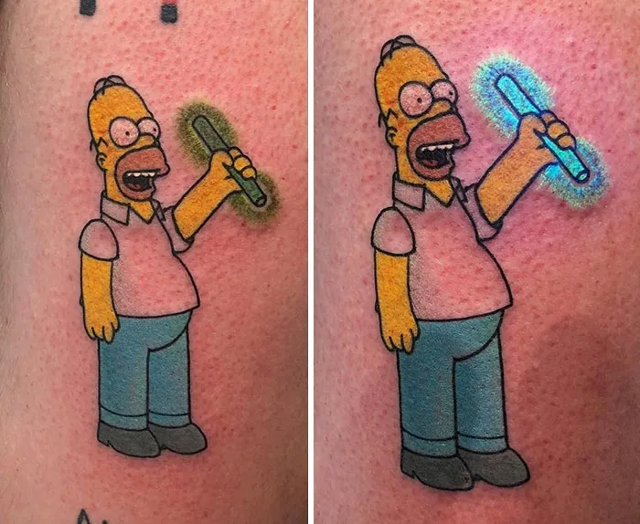 UV tattoo of a cartoon character holding a glowing object, showing its bright reaction under UV light.