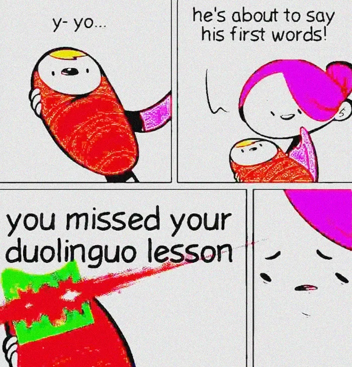 Cartoon character humorously reminds about a missed Duolingo lesson.