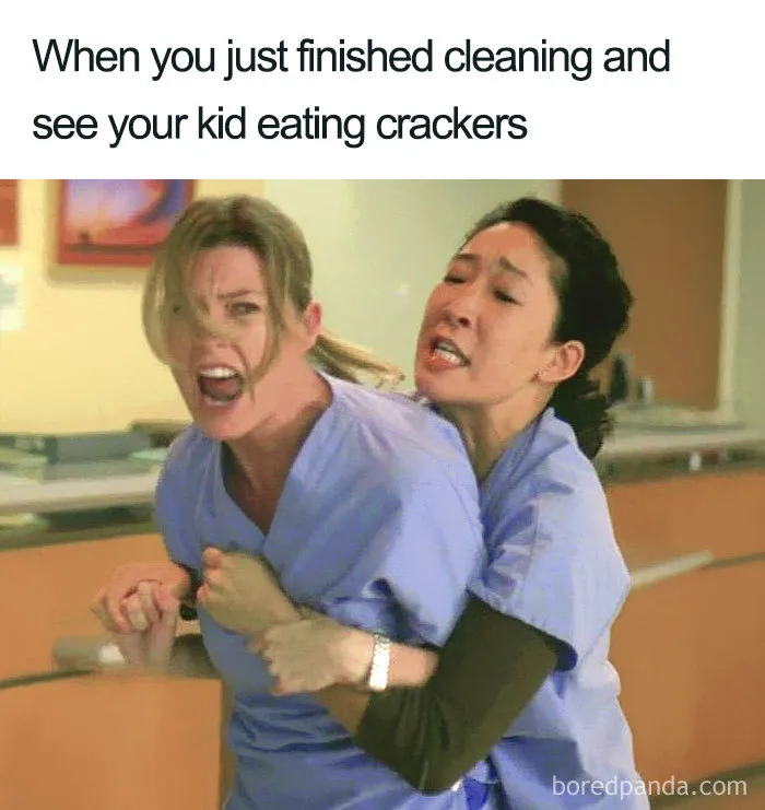 Two women in scrubs acting dramatically, captioned about cleaning and kids eating crackers, illustrating a cleaning meme.