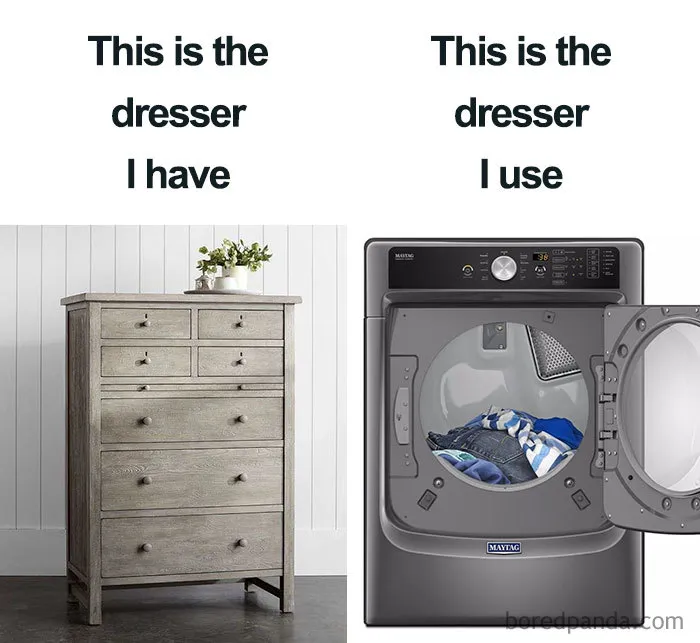 Dresser vs. dryer meme showcasing a comparison between a traditional dresser and a clothes dryer as a dresser.