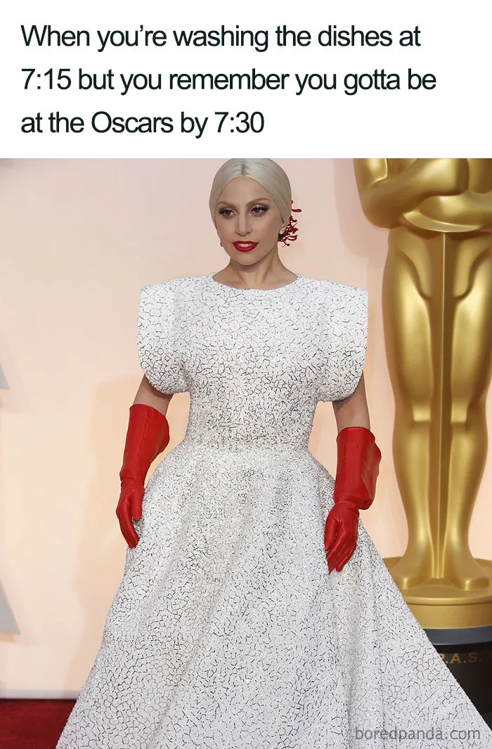 Oscar-ready woman in red gloves, embodying humorous cleaning meme.