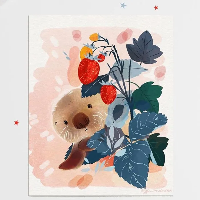 Baby Otter Hiding Behind Strawberries