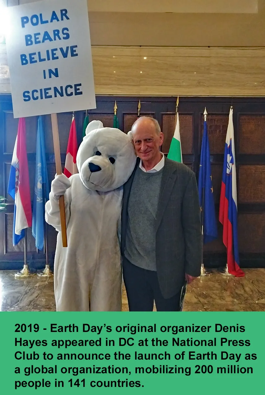 A Polar Bear Activist Hugs Earth Day’s Original Organizer Denis Hayes When He Appeared In Dc To Announce The Launch Of Earth Day As A Global Organization, Mobilizing 200 Million People In 141 Countries.