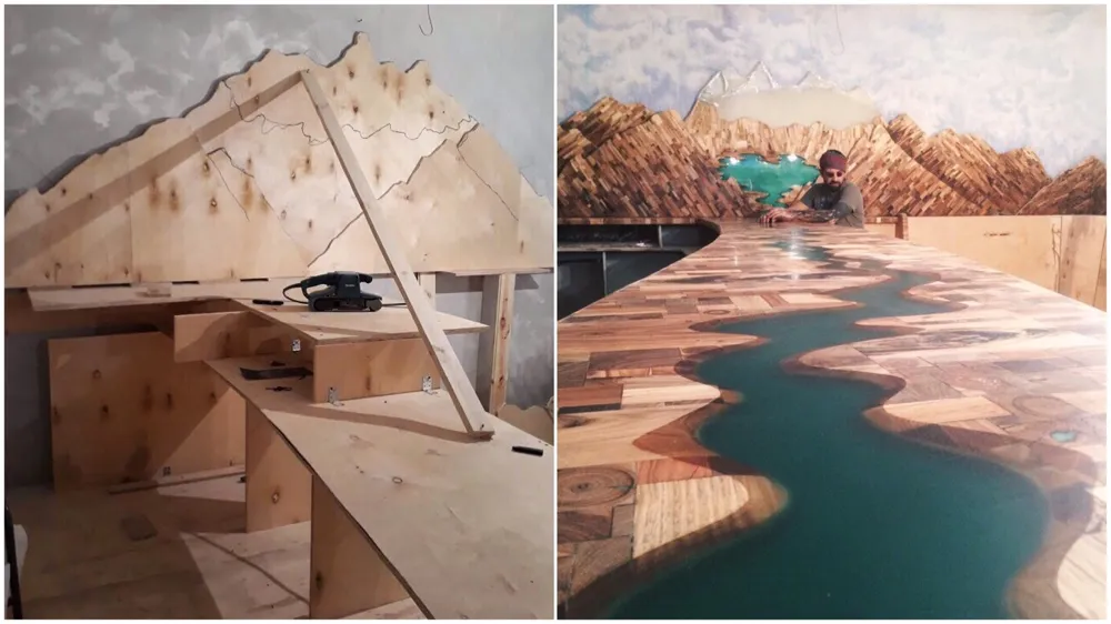 Belukha Mountain And The Katun River From Random Wood Pieces For A Small Bar In Altay Republic, Russia