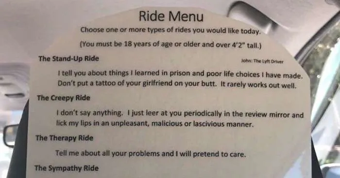 This Lyft Driver Is Taking His Services To A Whole Different Level And Offers Customers A Ride Menu