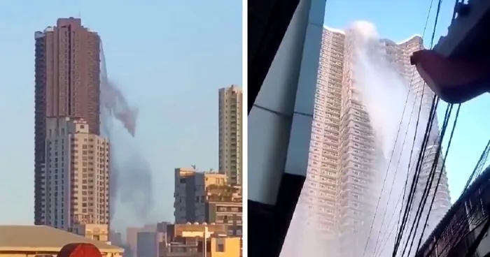 Water Cascades Down From The Rooftop Of A Skyscraper As A 6.1 Magnitude Earthquake Hits Manila