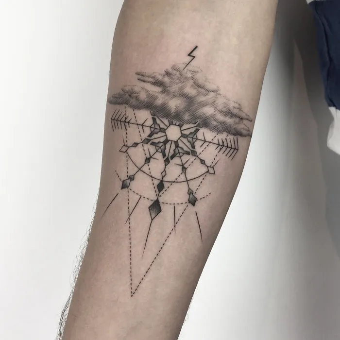 Geometric tattoo design on forearm, featuring cloud with lightning and intricate symmetrical patterns.