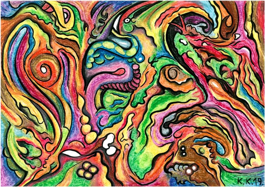 Day Of Holiday In The World Of Fantasy, Abstract Art With A Short Story, Naive Outsider Artwork