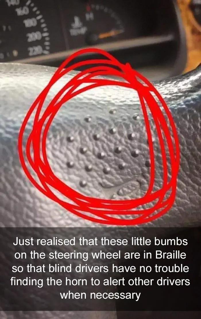 Me acabo de dar cuenta de que esos puntitos en el volante son Braille para que los invidentes puedan encontrar el claxon