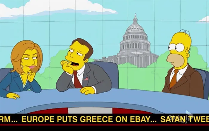 Scene from a cartoon showing political characters in a news studio, illustrating cartoons guessing the future events.