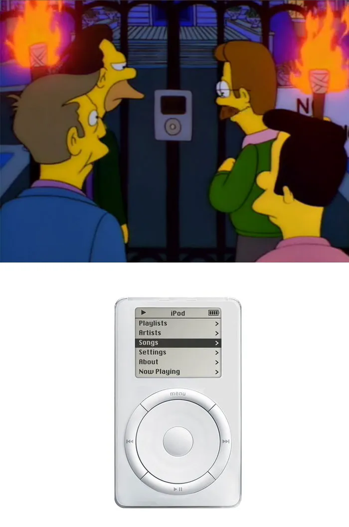 Scene from cartoon predicting a future music device resembling an iPod, illustrating cartoons guessing the future.