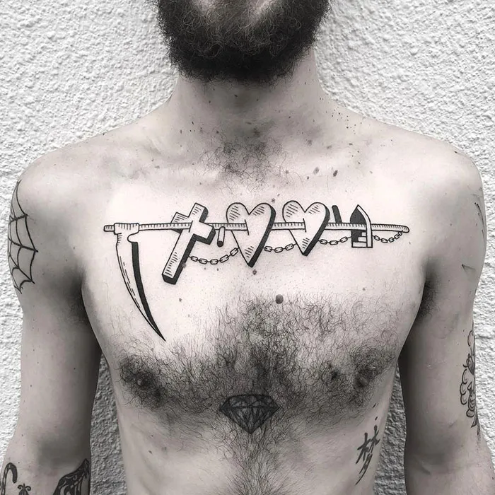 Incredible chest tattoo featuring a chain with hearts and weapon designs.