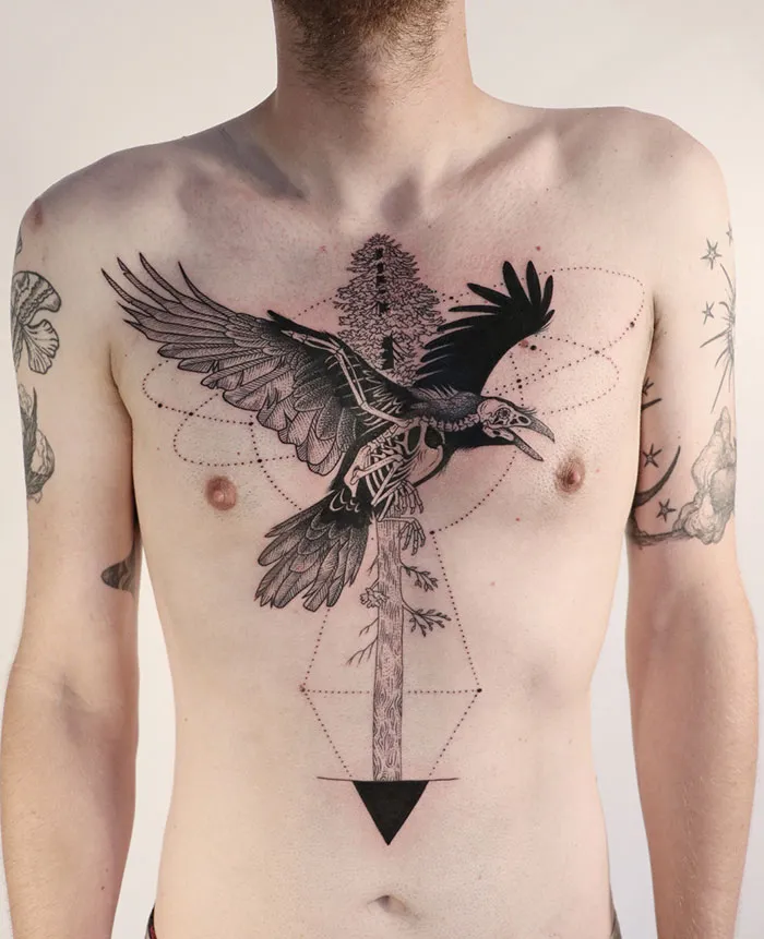 Skeletal Raven Flying In Front Of A Redwood Tree, With Sun, Solar System, And Earth Geometry