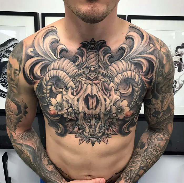 Tiger Skull With Horns And Filigree Drawn Freehand