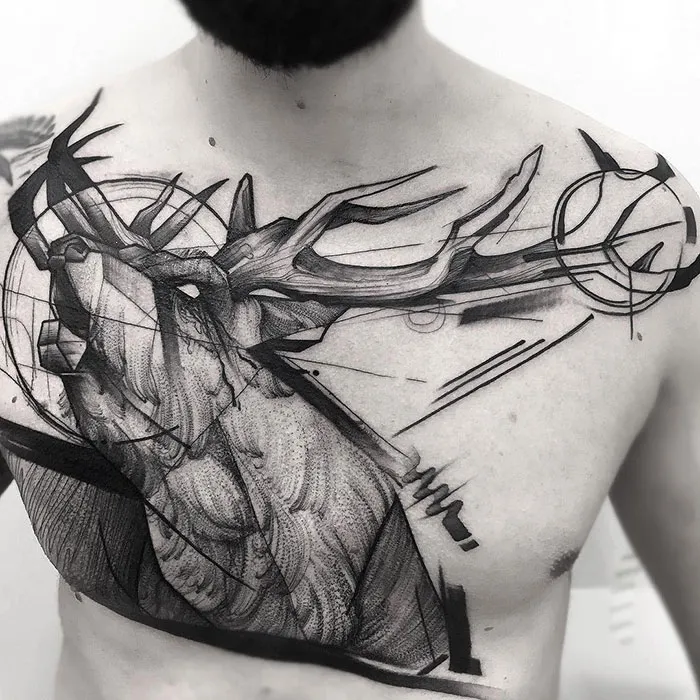 Abstract deer chest tattoo design showcasing incredible ink detail and artistry.