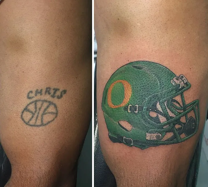 Tattoo cover-up: Ex's name replaced with a green football helmet tattoo.