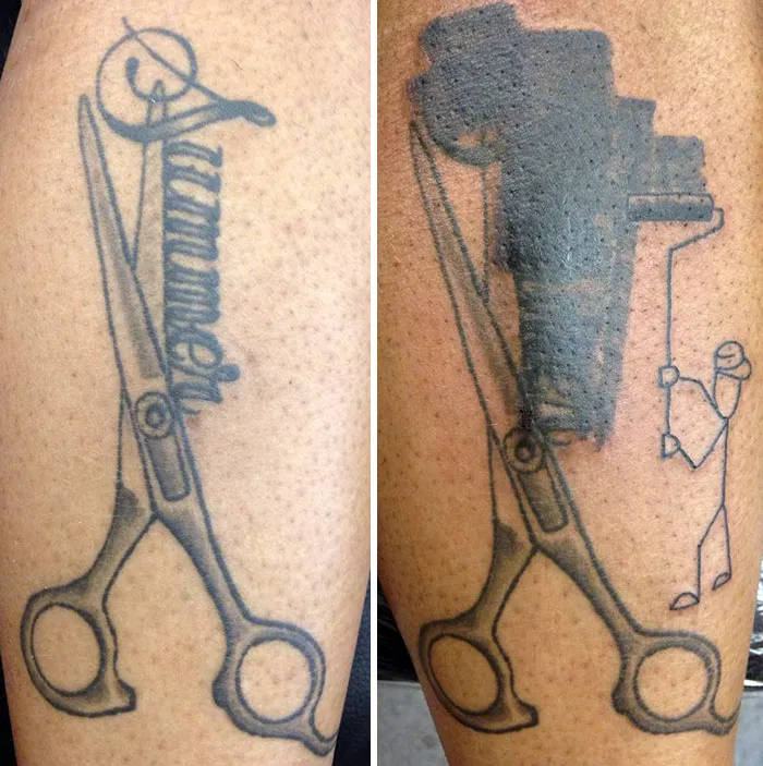 Tattoo cover-up transforming an ex's name with an abstract design above scissors.