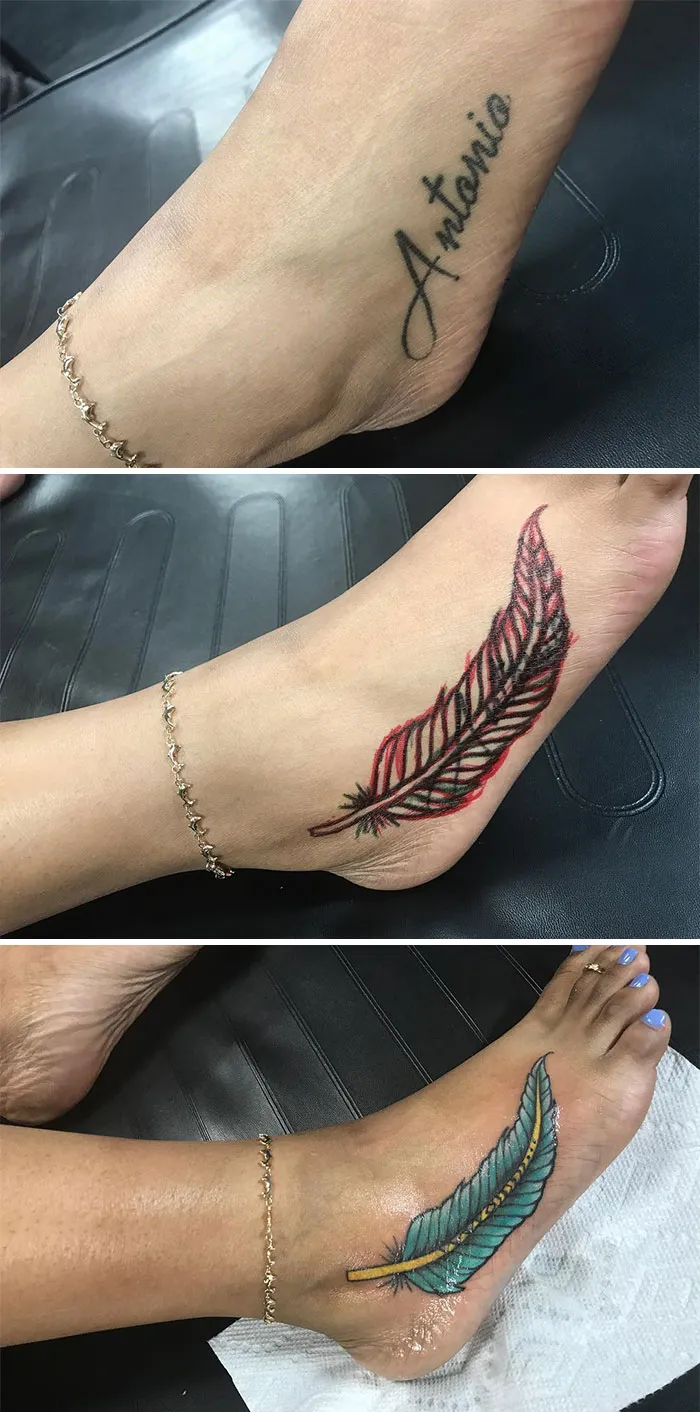 Tattoo cover-up transformation on foot, replacing name with vibrant feather design.