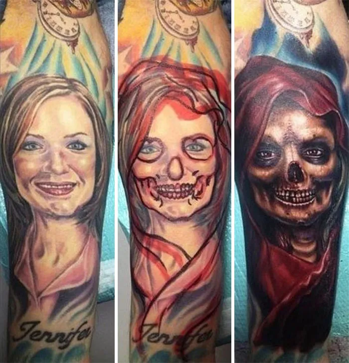 Tattoo cover-up transformation from a portrait to a skull.