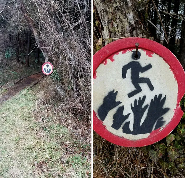 Extraño cartel en medio del bosque