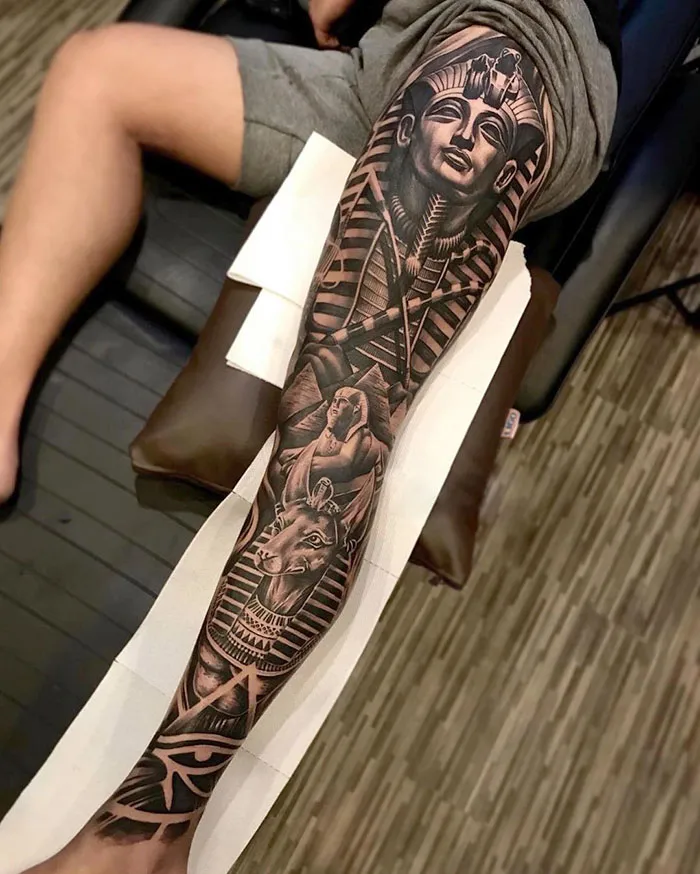 Ancient Egypt-inspired Leg Sleeve Tattoo