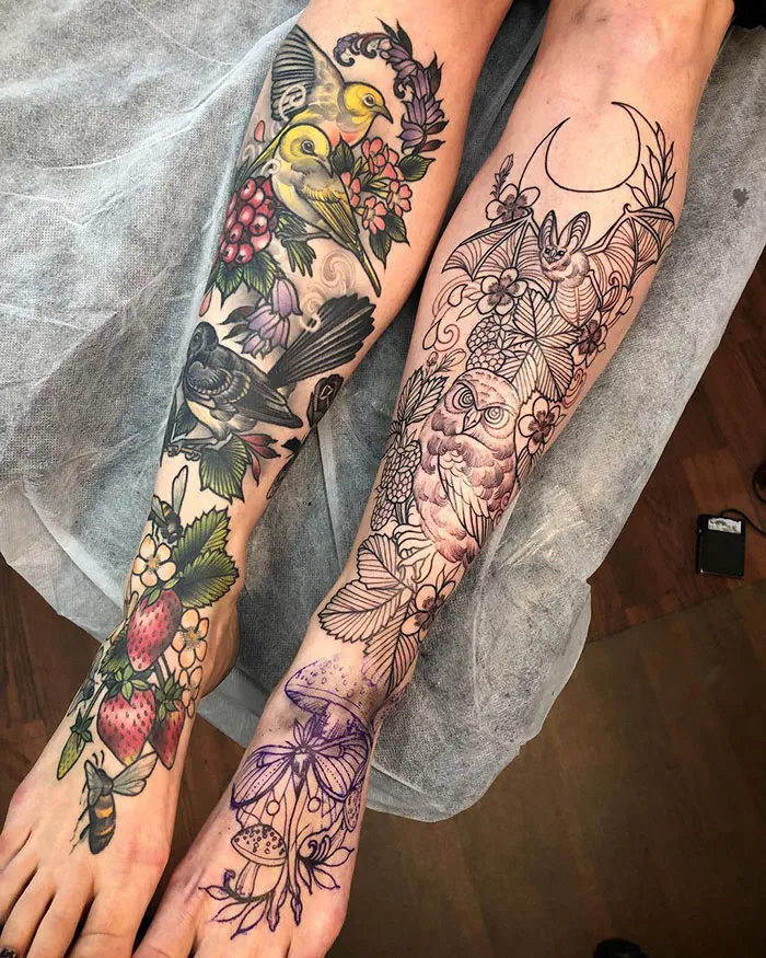 Botanical Garden Shin Tattoos