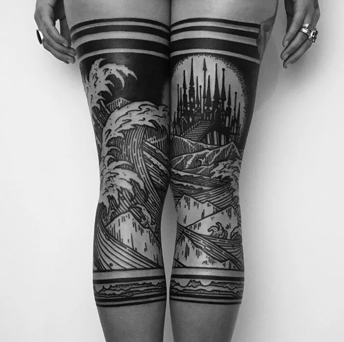 A Black and White Leg Sleeve Tattoo Idea