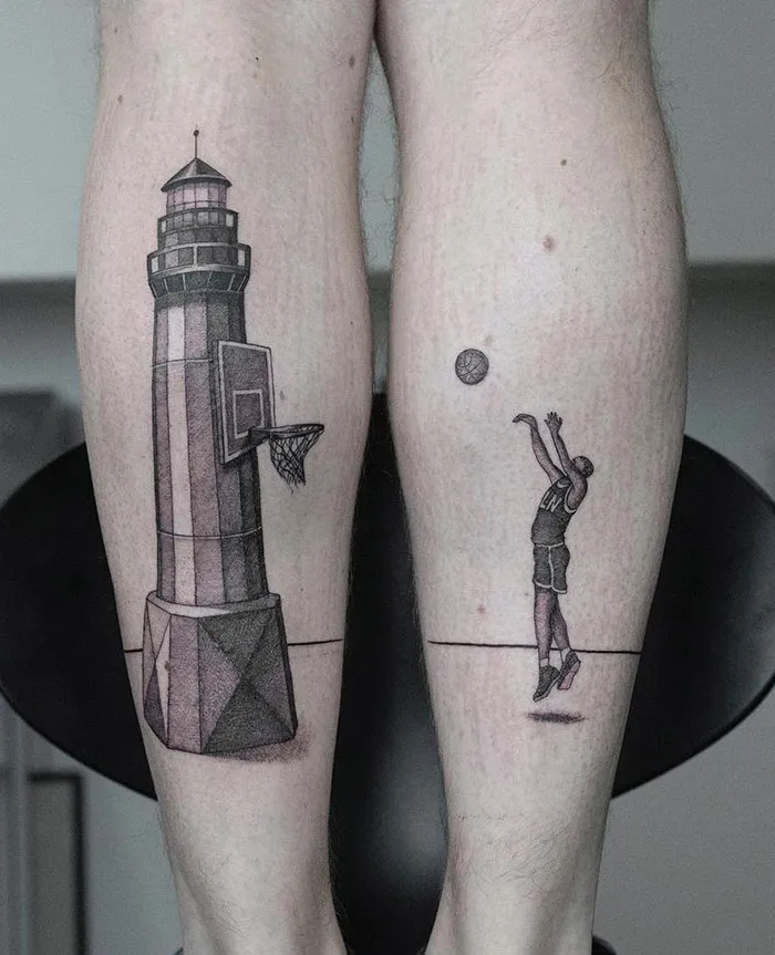 Leg sleeve tattoos featuring a lighthouse with a basketball hoop and player shooting a ball.