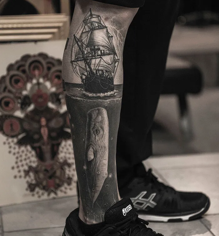 Beneath a Pirate Ship Half Leg Sleeve Tattoo for Men