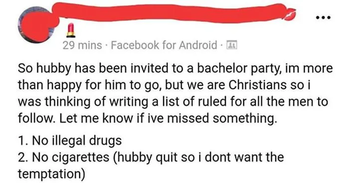 Overprotective Woman’s List Of Rules Before Allowing Husband To Go To A Bachelor Party Goes Viral