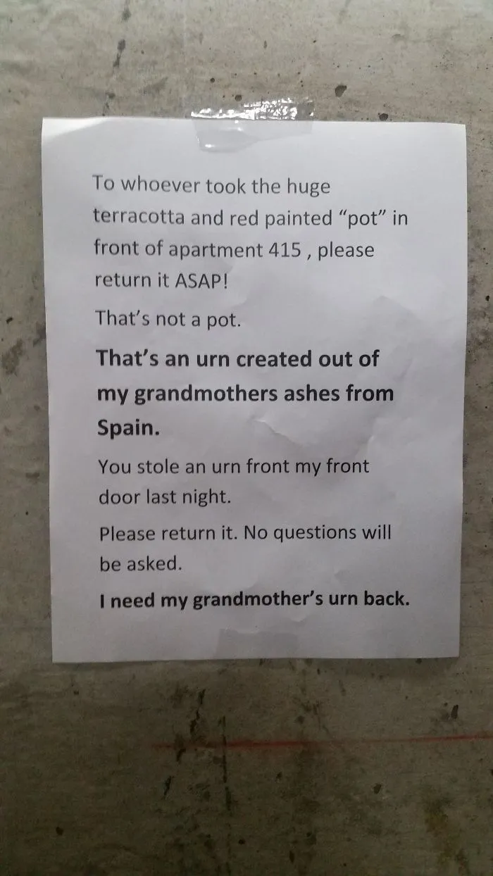 Found This In My Apartment's Stairwell. Give Them Their Granny Back!