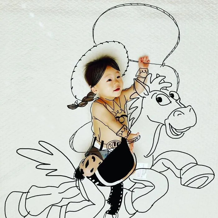 Japanese Father Of Two Draws On His Kids’ Photos And The Result Is Adorable (50 Pics)