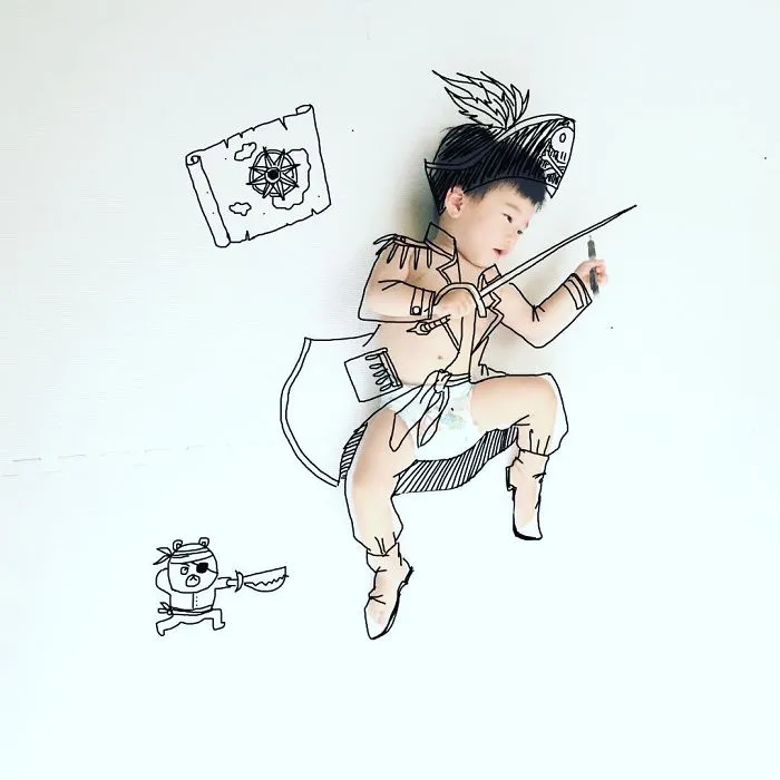 Japanese Father Of Two Draws On His Kids’ Photos And The Result Is Adorable (50 Pics)